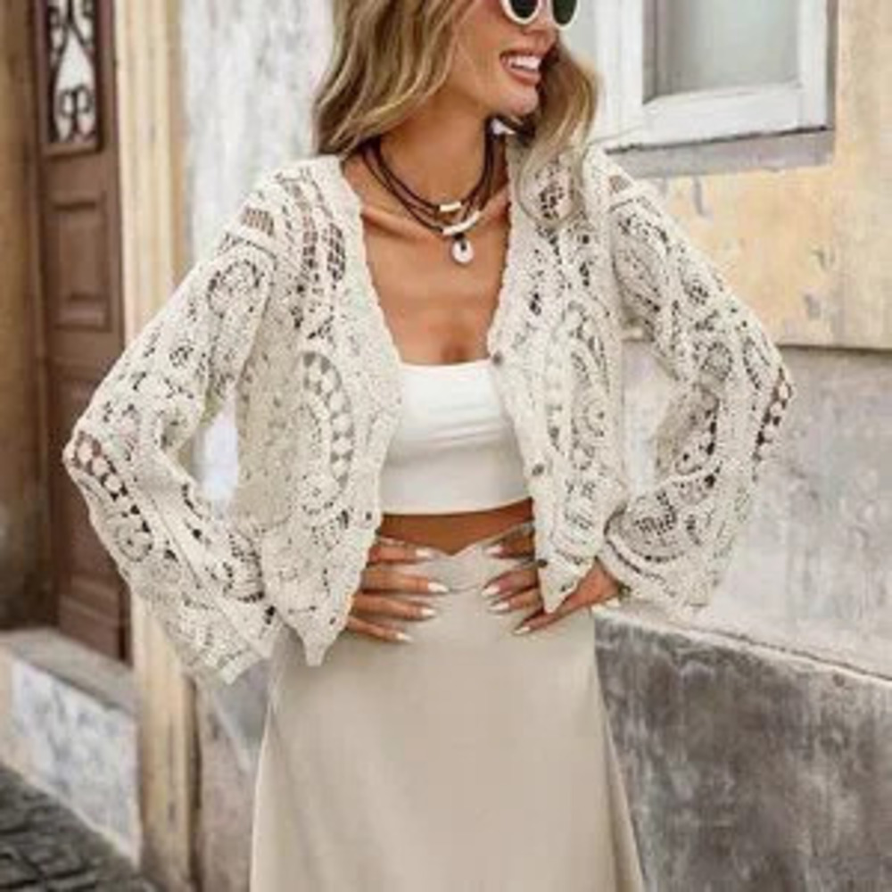 Apricot Casual Women's Hollow Out Crochet Cardigan top